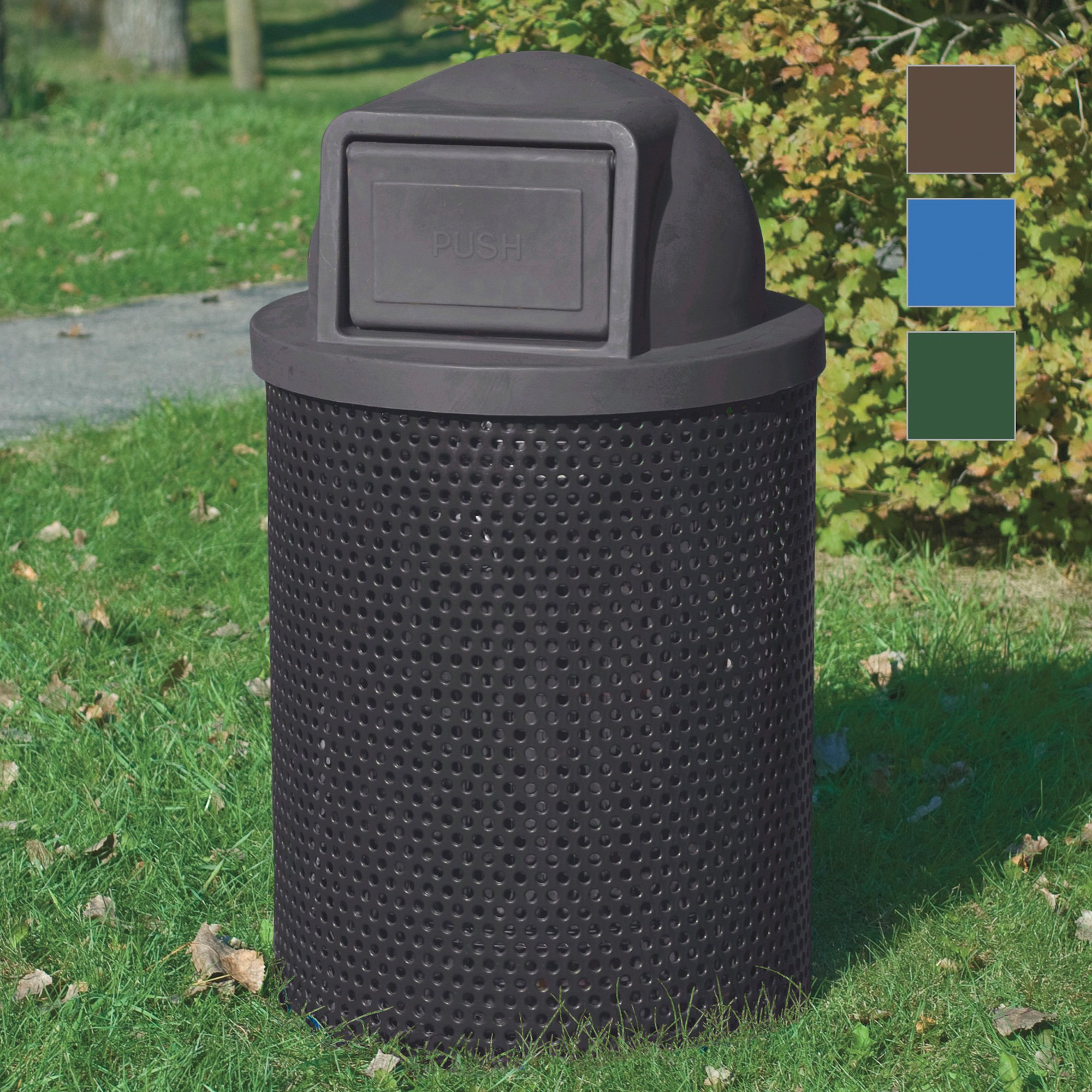 Pilot Rock Round Perforated Steel Trash Receptacle with Plastic Dome Lid — 28in. Dia. x 42in.H